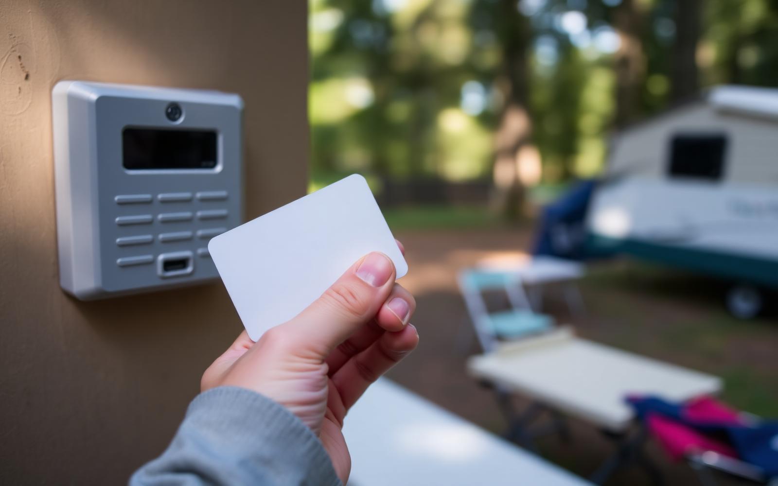 Una mano avvicina una card RFID a un lettore murale in campeggio
