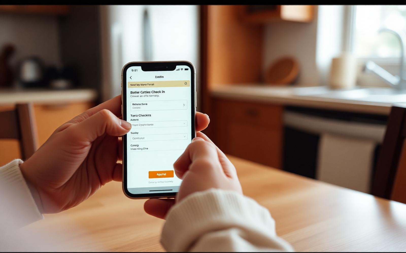 Ospite che compila il check-in online dal telefono, seduto al tavolo di casa