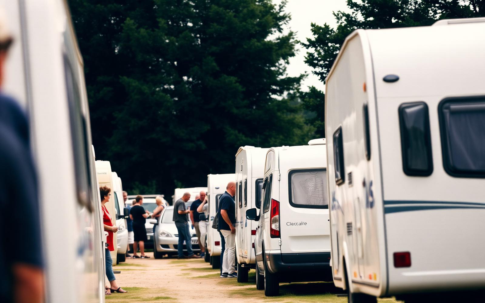 Camper, roulotte e automobili in fila davanti alla reception di un campeggio
