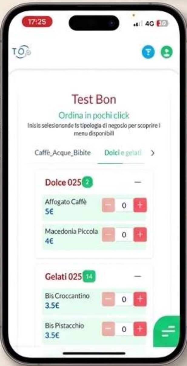Schermata TO Consumazioni con menu digitale