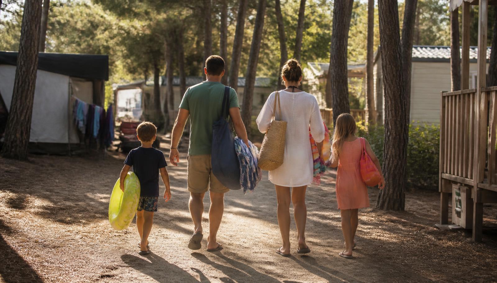 Una famiglia rientra in campeggio nel tardo pomeriggio
