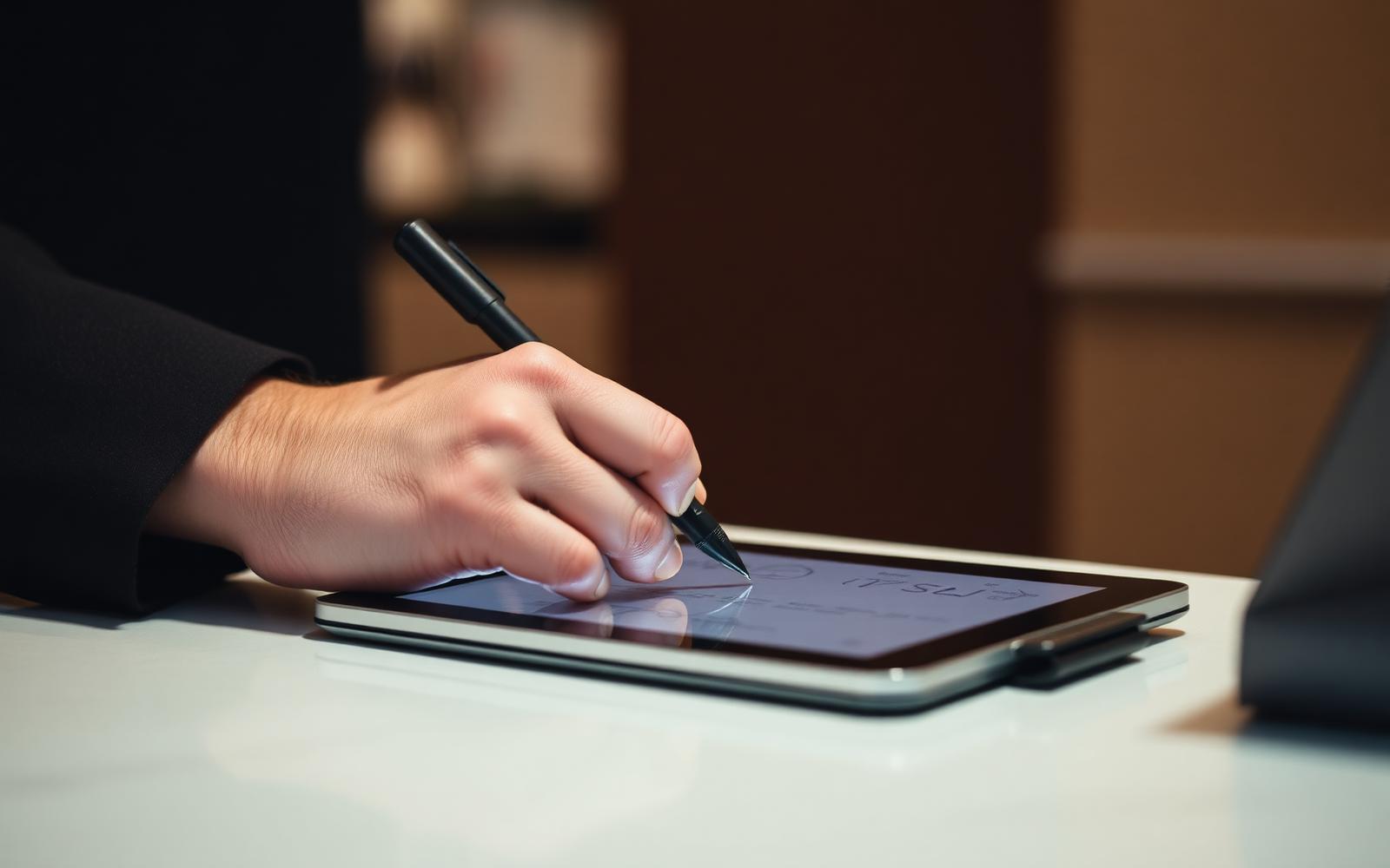 Firma elettronica su tavoletta grafica al banco della reception
