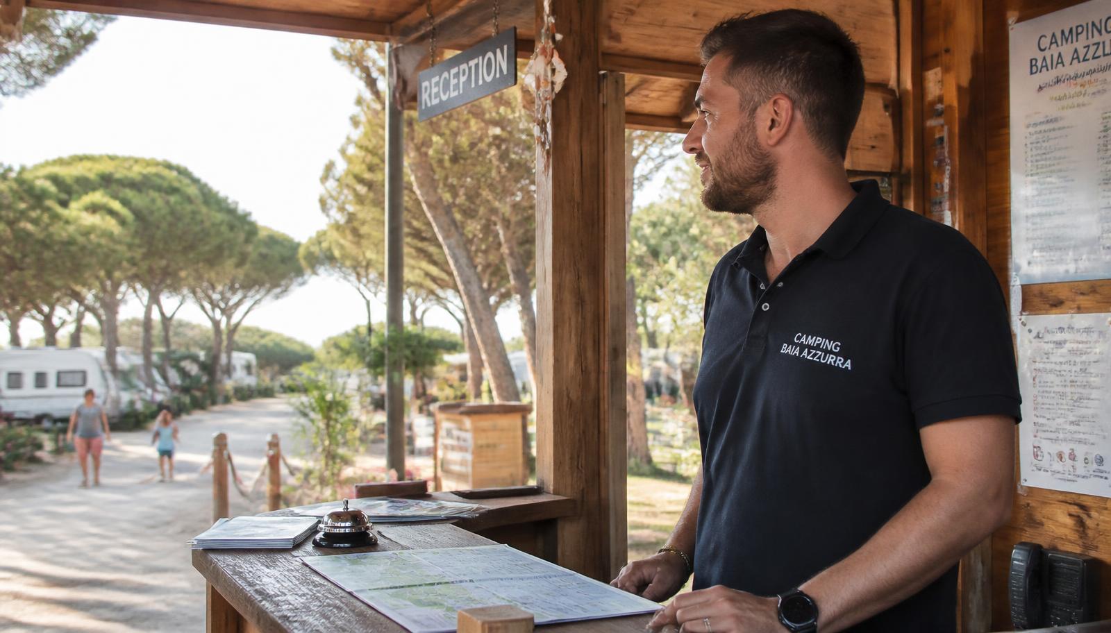 Gestore alla reception di un campeggio mentre accoglie un ospite