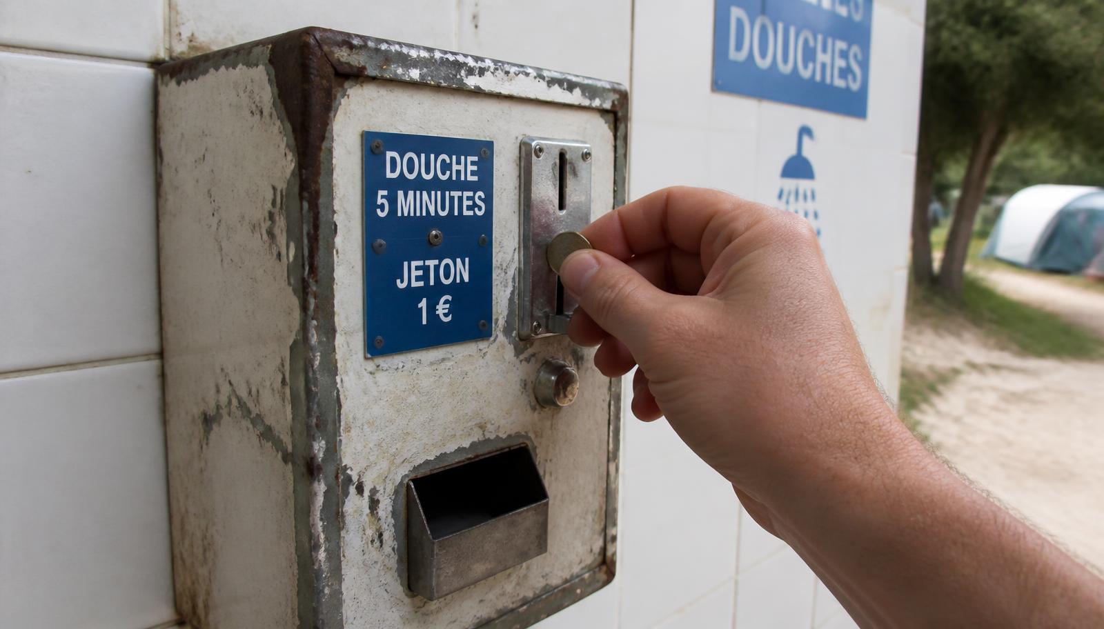 Una mano inserisce una moneta nella gettoniera di un blocco docce
