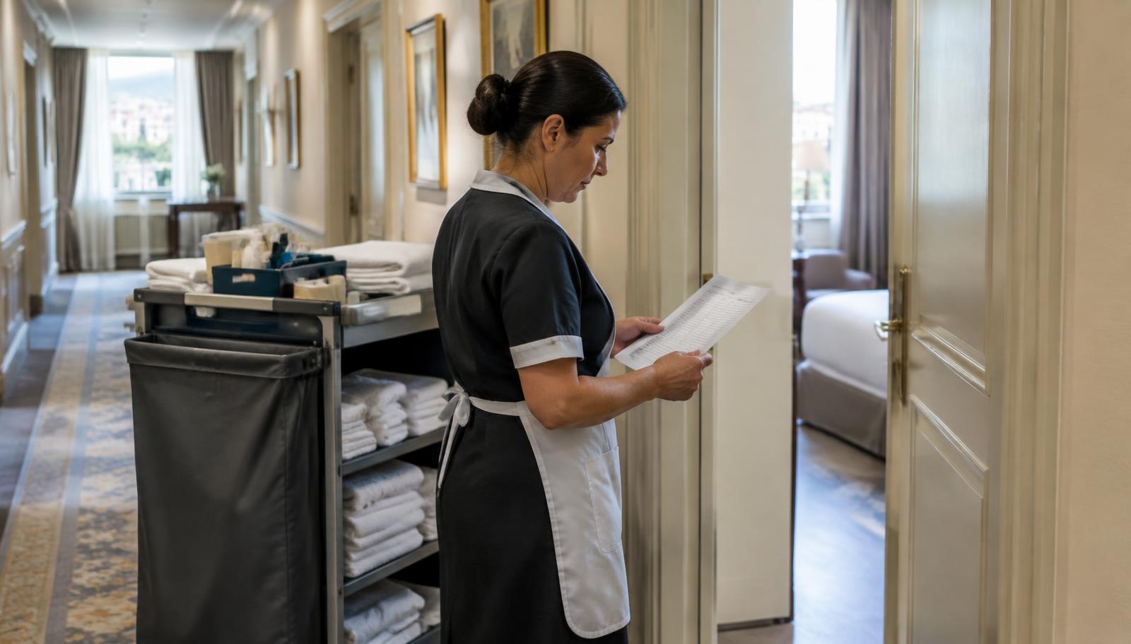 Addetta alle pulizie con carrello e lista nel corridoio di un hotel.