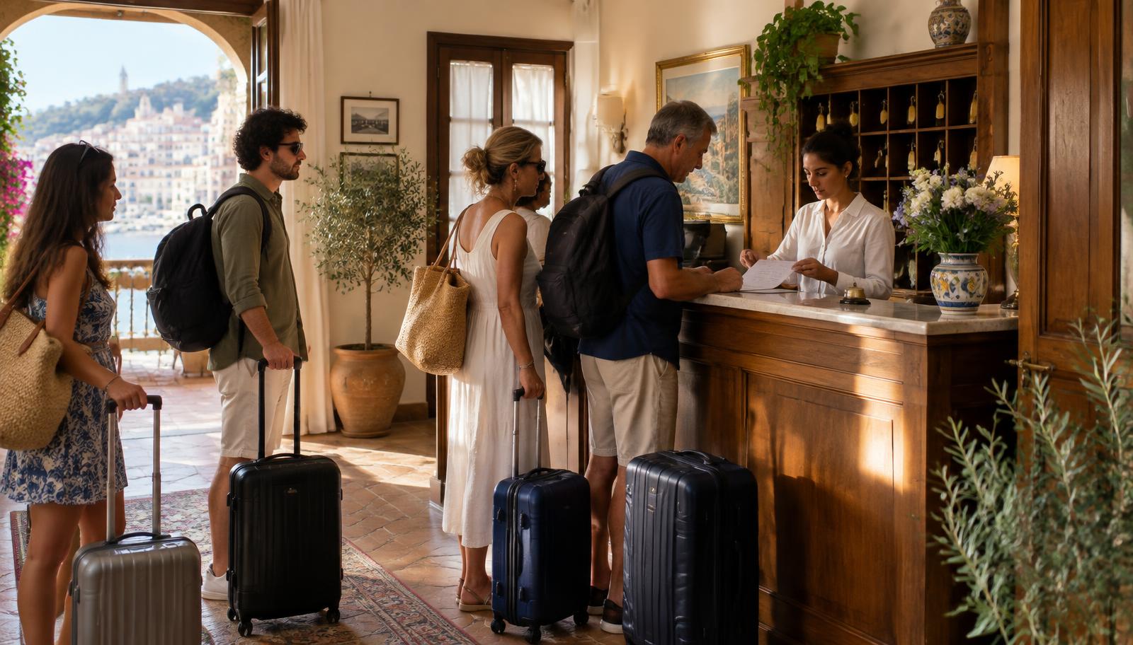 Ospiti con valigie in attesa alla reception di un piccolo hotel italiano.