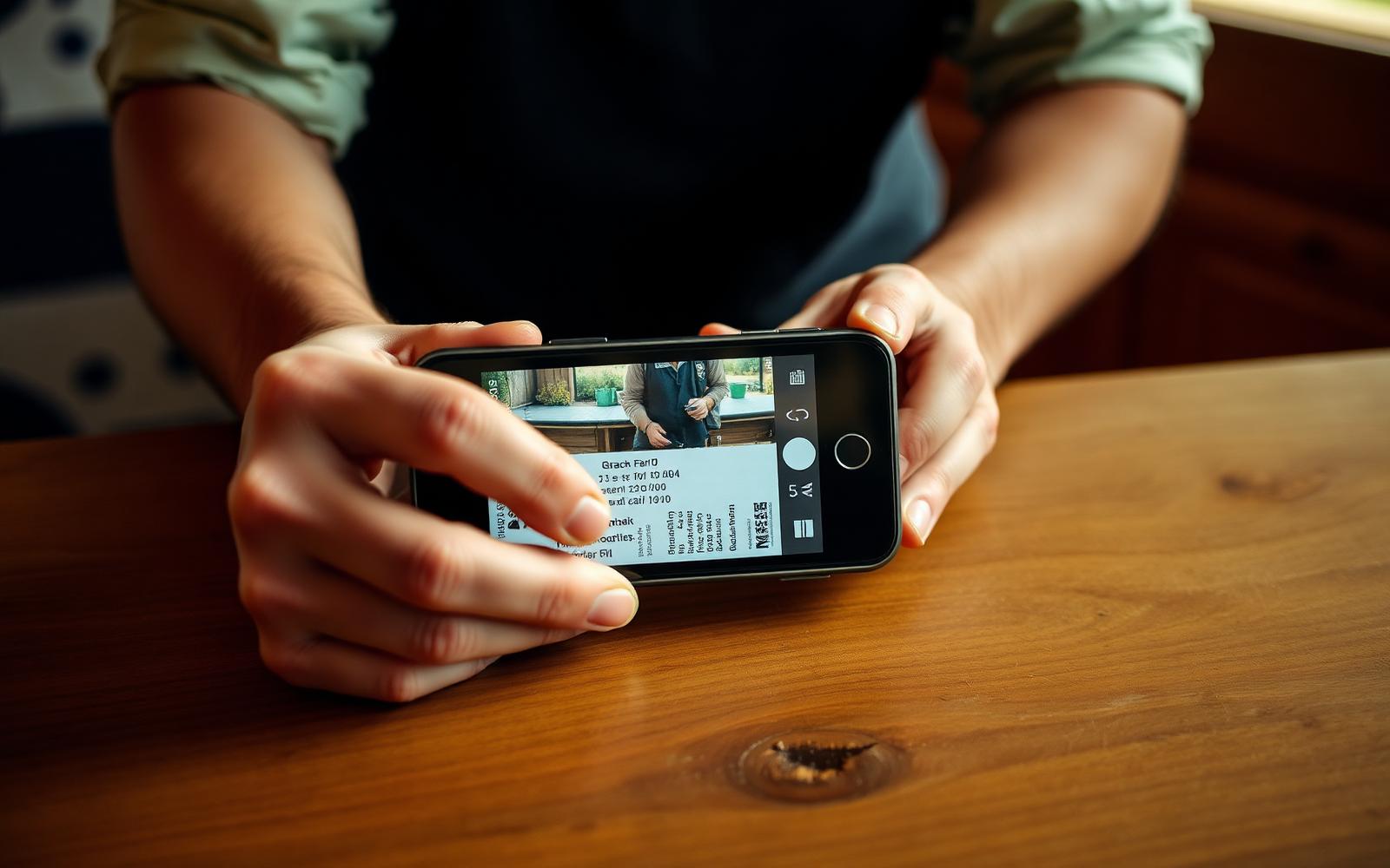 Operatore che fotografa un documento di identità con lo smartphone al banco reception