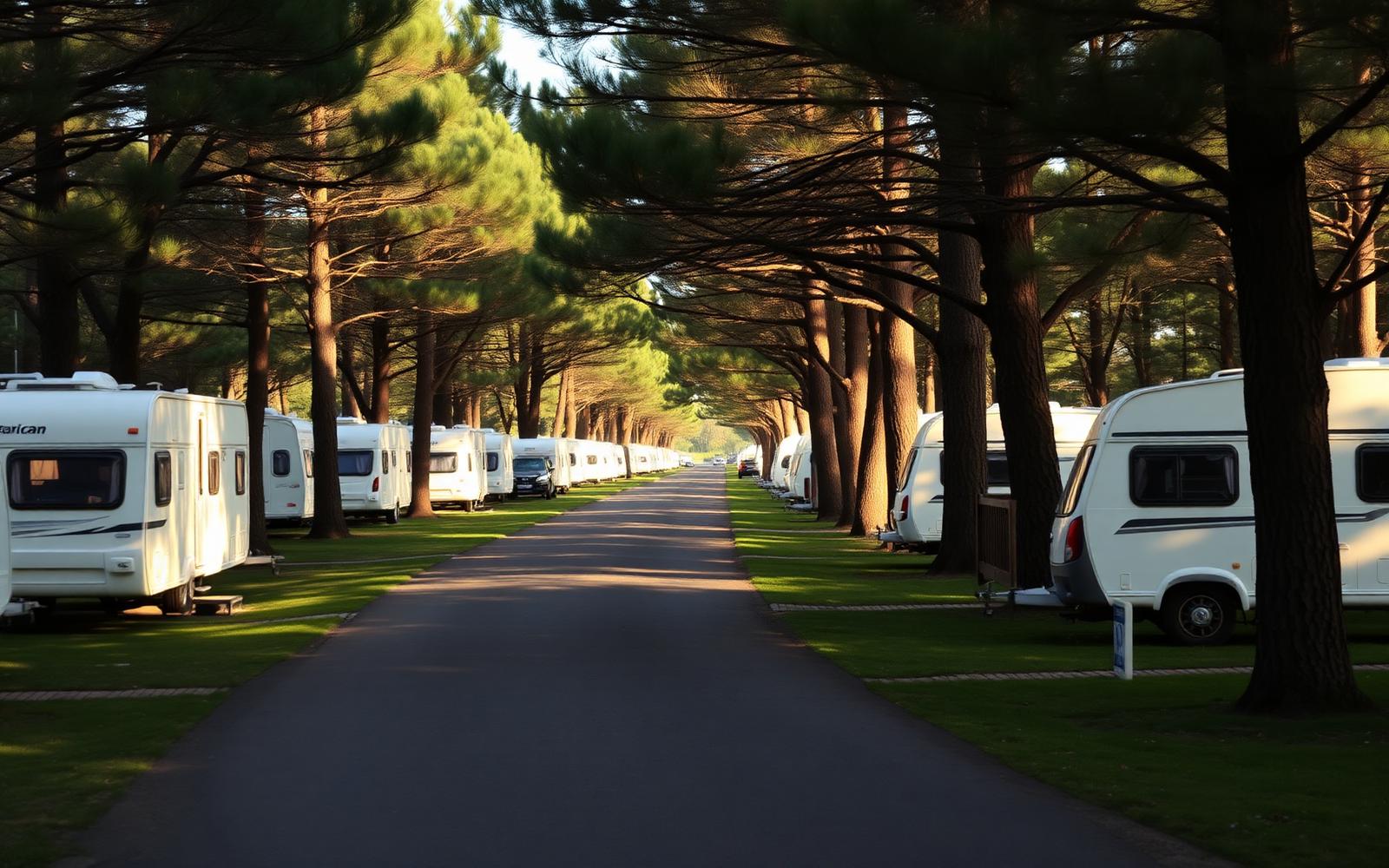 Strada interna di un campeggio con piazzole e caravan