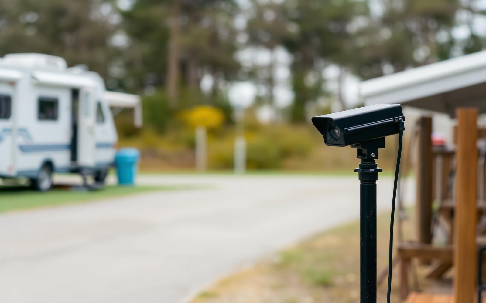 Telecamera installata su un palo lungo la corsia d'ingresso di un campeggio